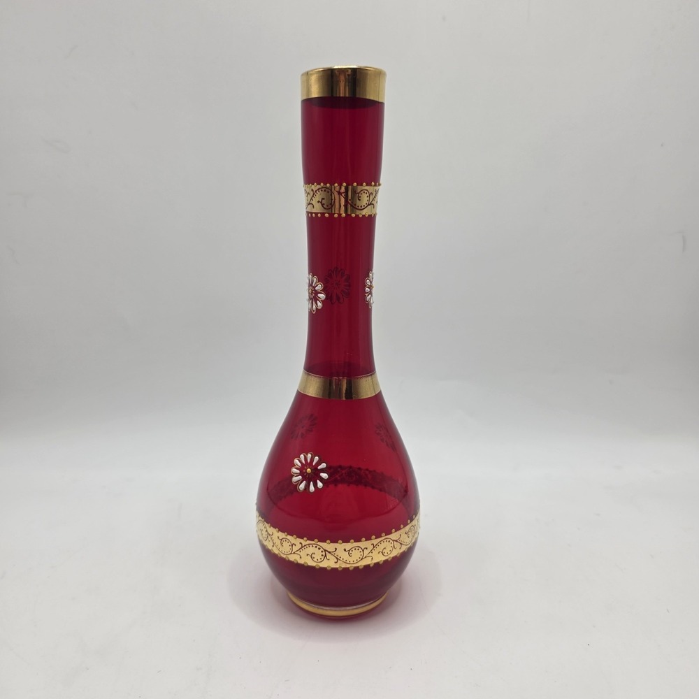 Vintage Ruby‎ Red Glass Bud Vase Gold Enamel Floral Bohemian Style 8in
